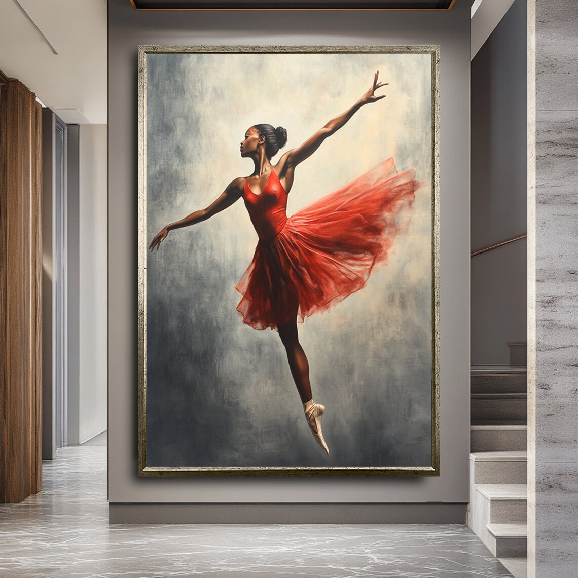 Ballerina In Flowing Red Dress Leaping En Pointe Graceful Dance Art Poster - Image 2