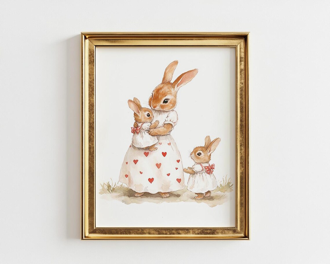 Mother Rabbit With Two Baby Bunnies Heart Dress Nursery Art Poster