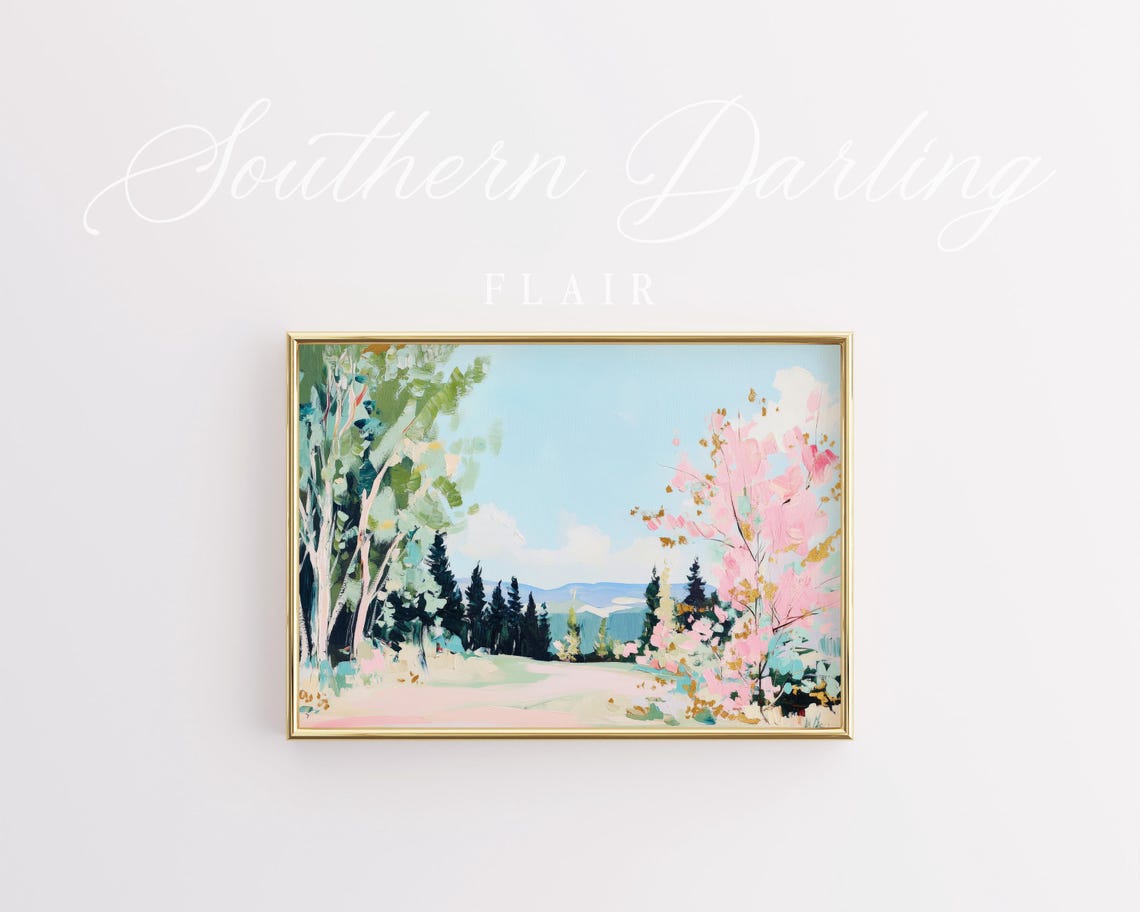 Pastel Mountain Landscape With Pine Trees And Pink Blossoms Poster - Image 2