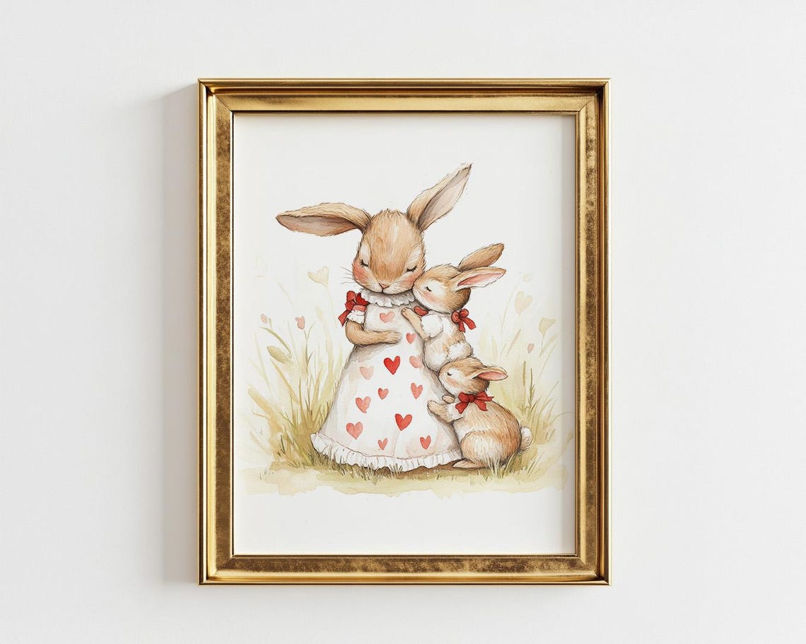 Mama Bunny Hugging Baby Rabbits Red Bow Nursery Watercolor Poster