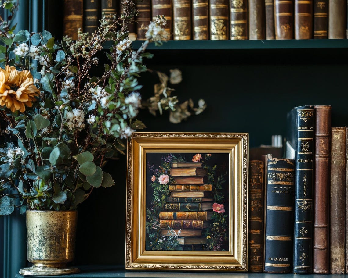 Tall Stack Of Antique Books With Flowers Dark Library Art Poster - Image 3