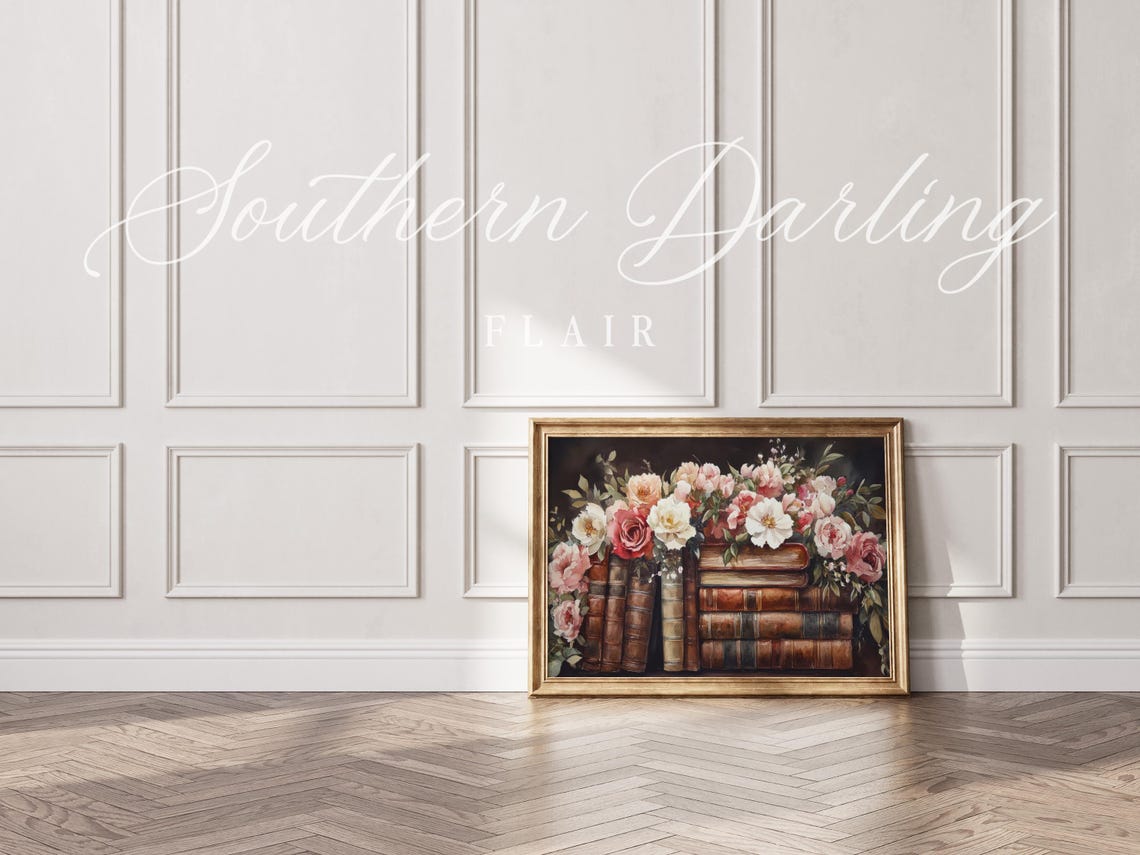Vintage Books Stack With Pink Roses Dark Floral Library Art Poster - Image 4