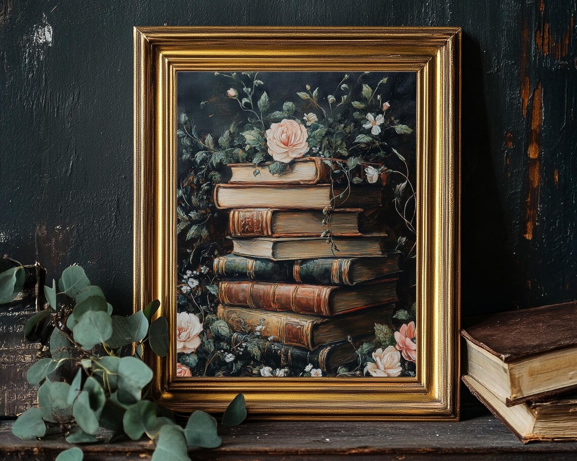 Dark Academia Books And Flowers Art Print, Cottagecore - Image 2