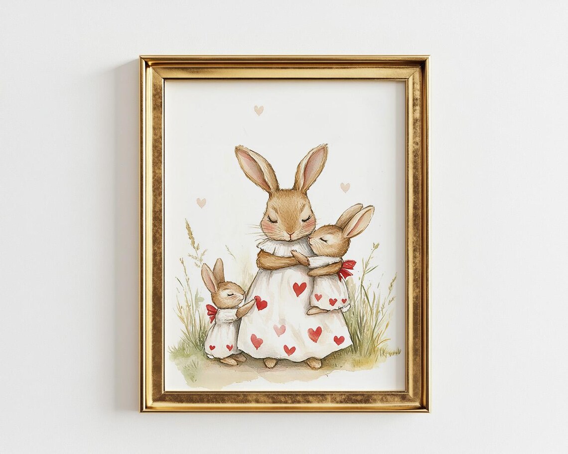 Mama Rabbit With Baby Bunnies Heart Dress Nursery Watercolor Poster