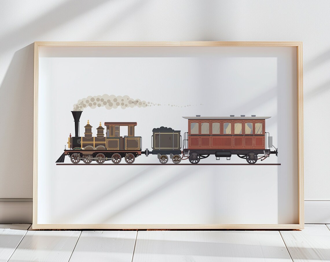 Vintage Steam Locomotive Train Boys Room Wall Illustration Poster
