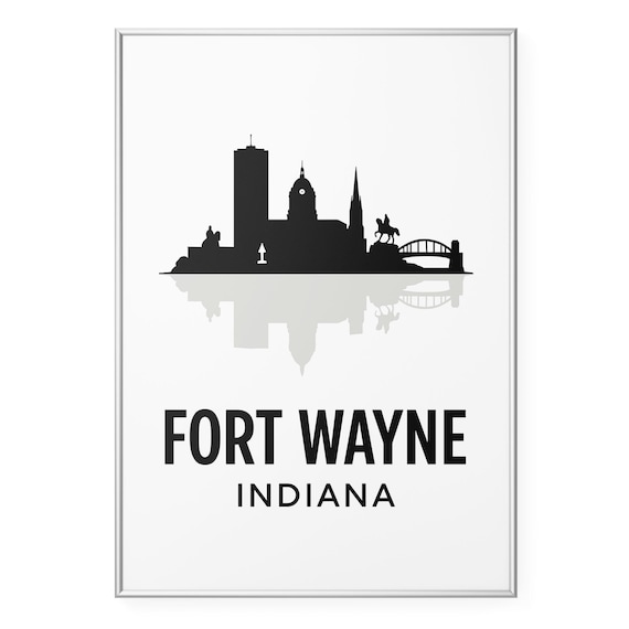 Fort Wayne Indiana Black Skyline Silhouette with Bridge Reflection Poster