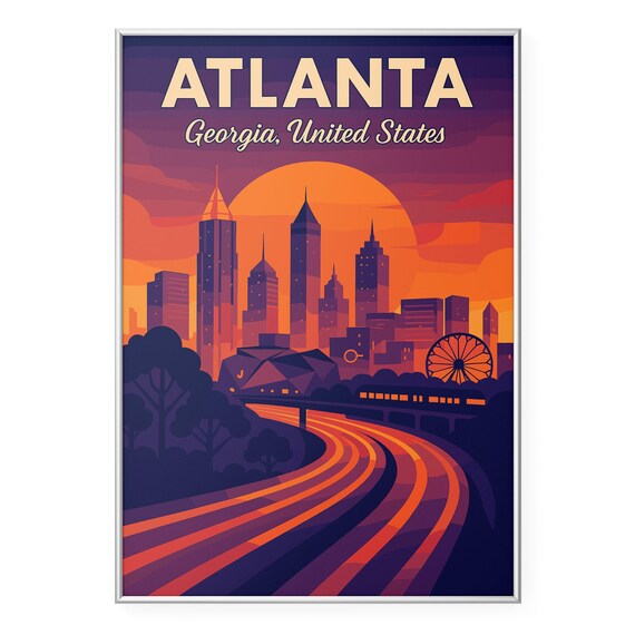 Atlanta Georgia Sunset Downtown Skyline Retro Travel Art Poster