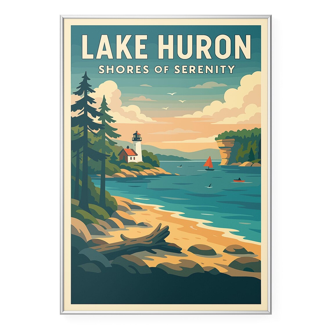 Lake Huron Lighthouse Travel Poster, Modern Office Decor