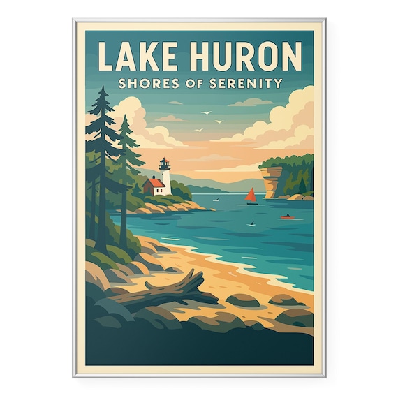 Lake Huron Lighthouse Travel Poster, Modern Office Decor