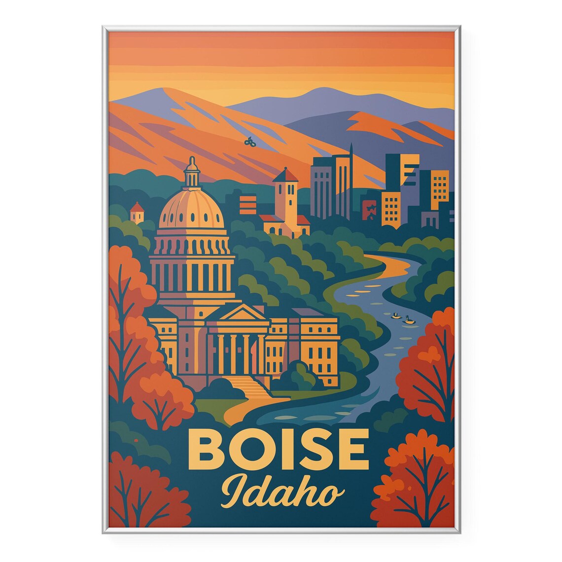 Boise Idaho Capitol Sunset River Retro Travel Illustration Poster