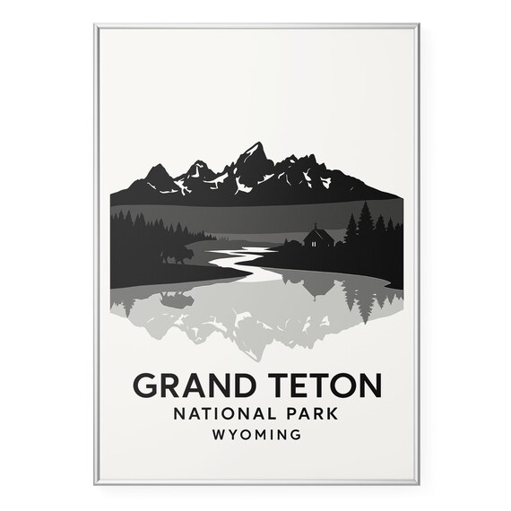 Grand Teton National Park Wyoming Silhouette Poster with Mountain Reflection