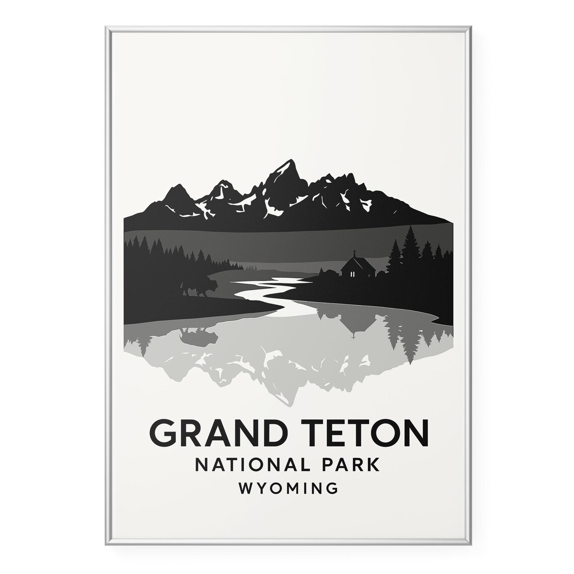 Grand Teton National Park Wyoming Silhouette Poster with Mountain Reflection
