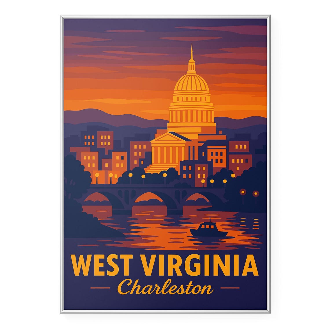 Charleston West Virginia Capitol Dome Sunset River Travel Poster