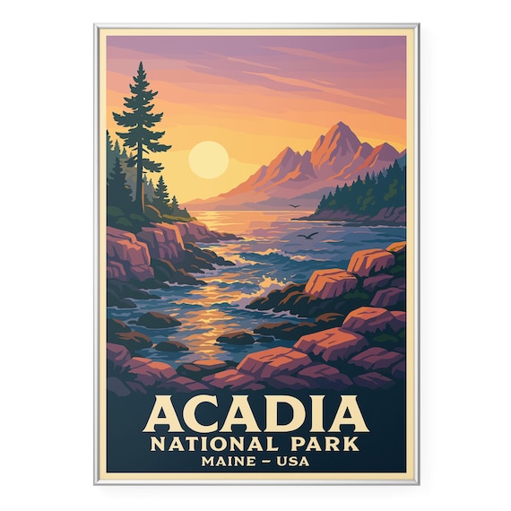 Acadia National Park Maine USA Sunset Coastline Art Travel Poster