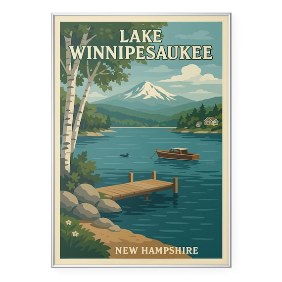 Lake Winnipesaukee New Hampshire Vintage Poster with Dock Boat and Loon