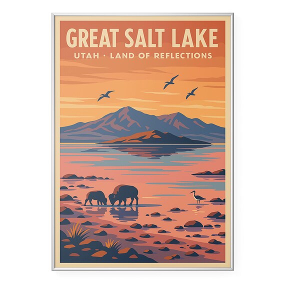 Great Salt Lake Utah Land of Reflections Bison Sunset Travel Poster