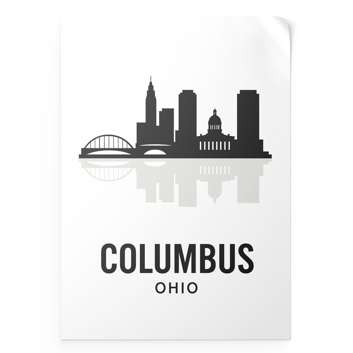 Columbus Ohio Gray Skyline Silhouette with Capitol Dome Reflection Poster