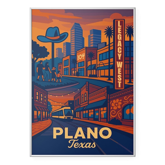 Plano Texas Sunset Travel Poster with Legacy West and Dart Train