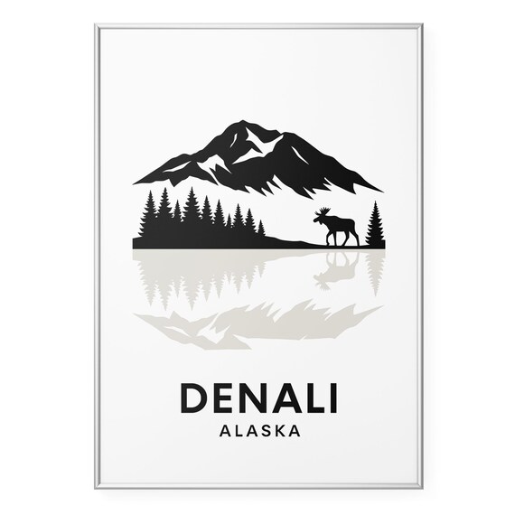 Denali Alaska Minimalist Mountain Moose Silhouette Nature Art Poster