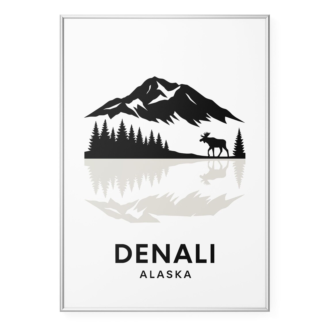 Denali Alaska Minimalist Mountain Moose Silhouette Nature Art Poster