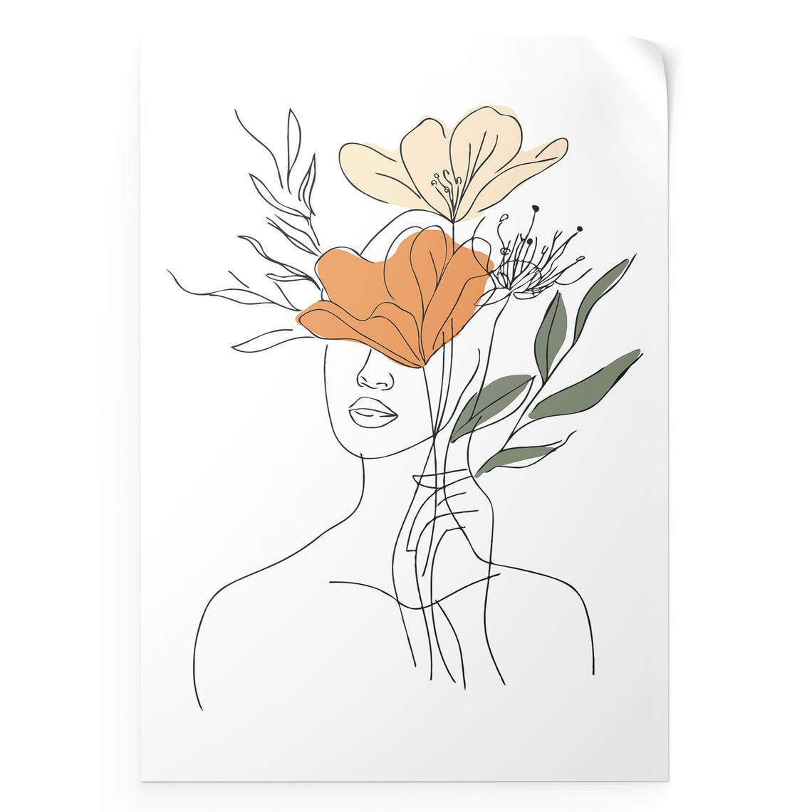 Woman Line Art With Floral Crown Blooms Modern Boho Wall Art