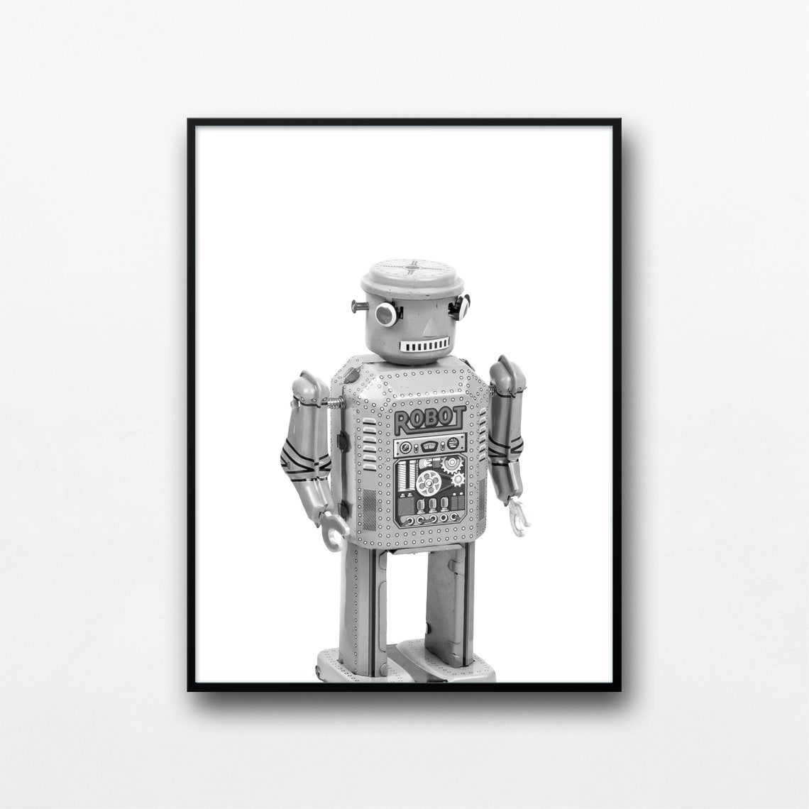 Vintage Tin Robot Toy Black White Retro Robot Kids Room Poster