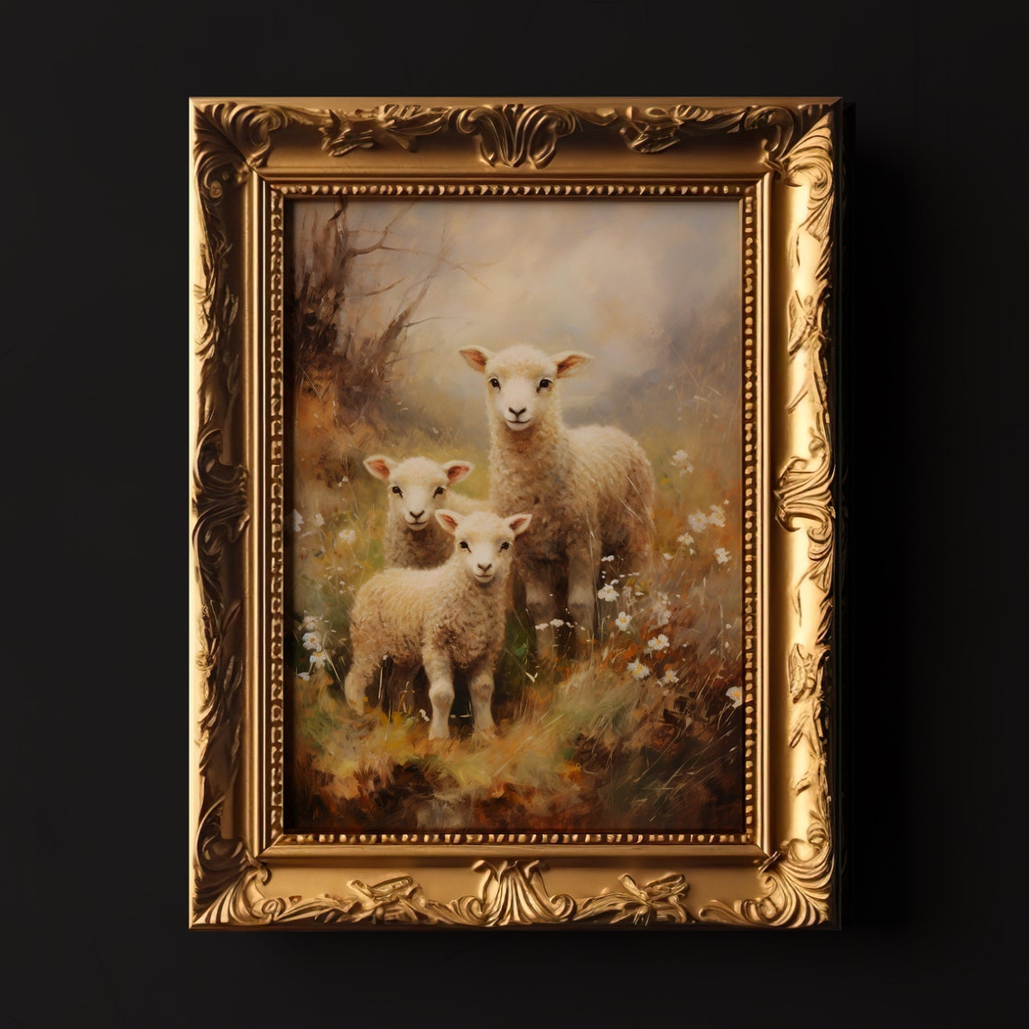 Three Lambs In Flower Meadow Vintage Easter Farmhouse Animal Print