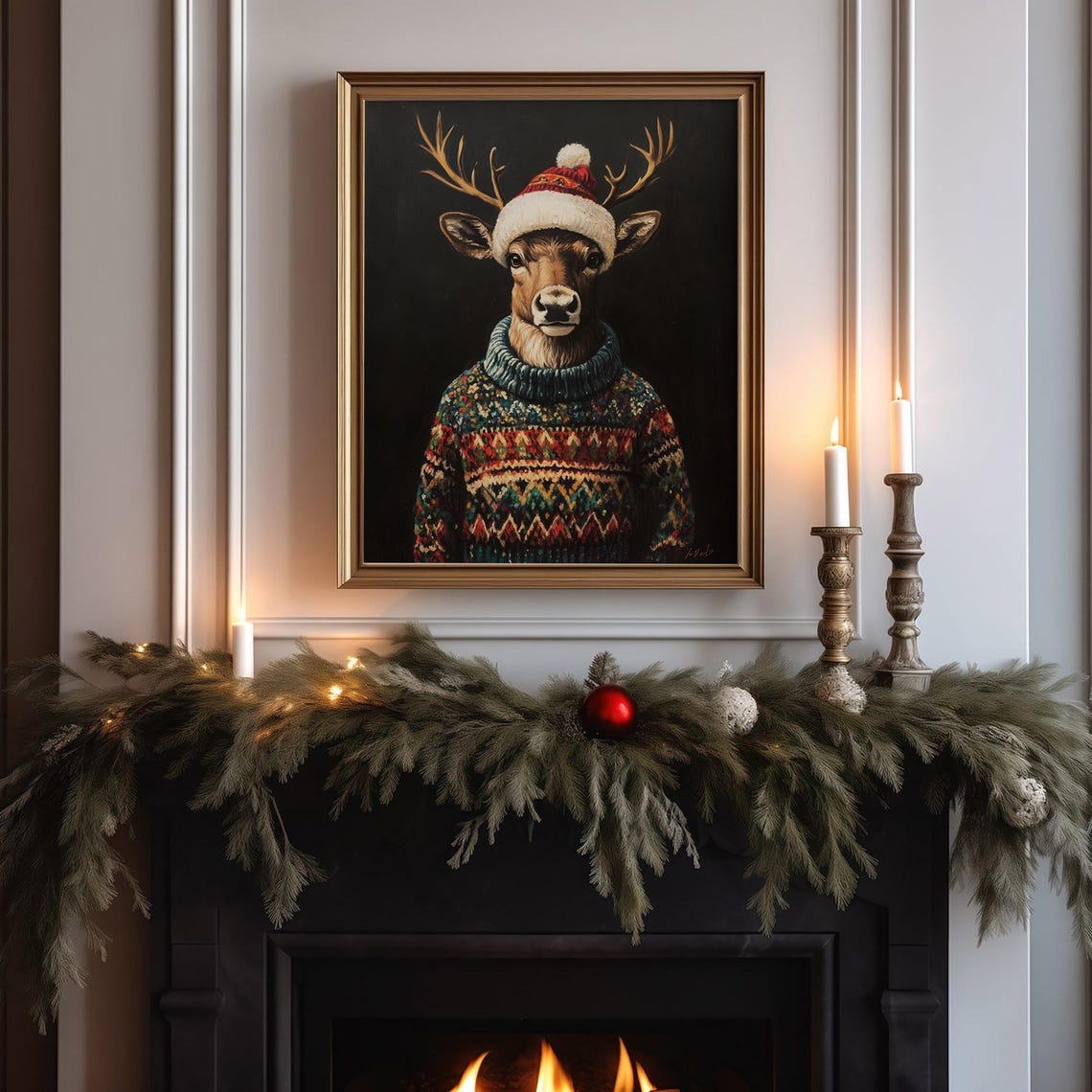 Reindeer In Santa Hat Fair Isle Sweater Cute Christmas Print - Image 3