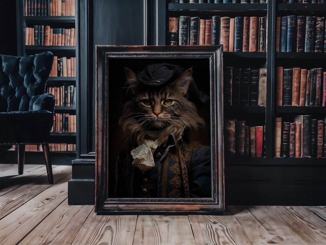 Royal Black Cat Portrait Tricorn Hat Victorian Gothic Cat Painting Print - Image 3