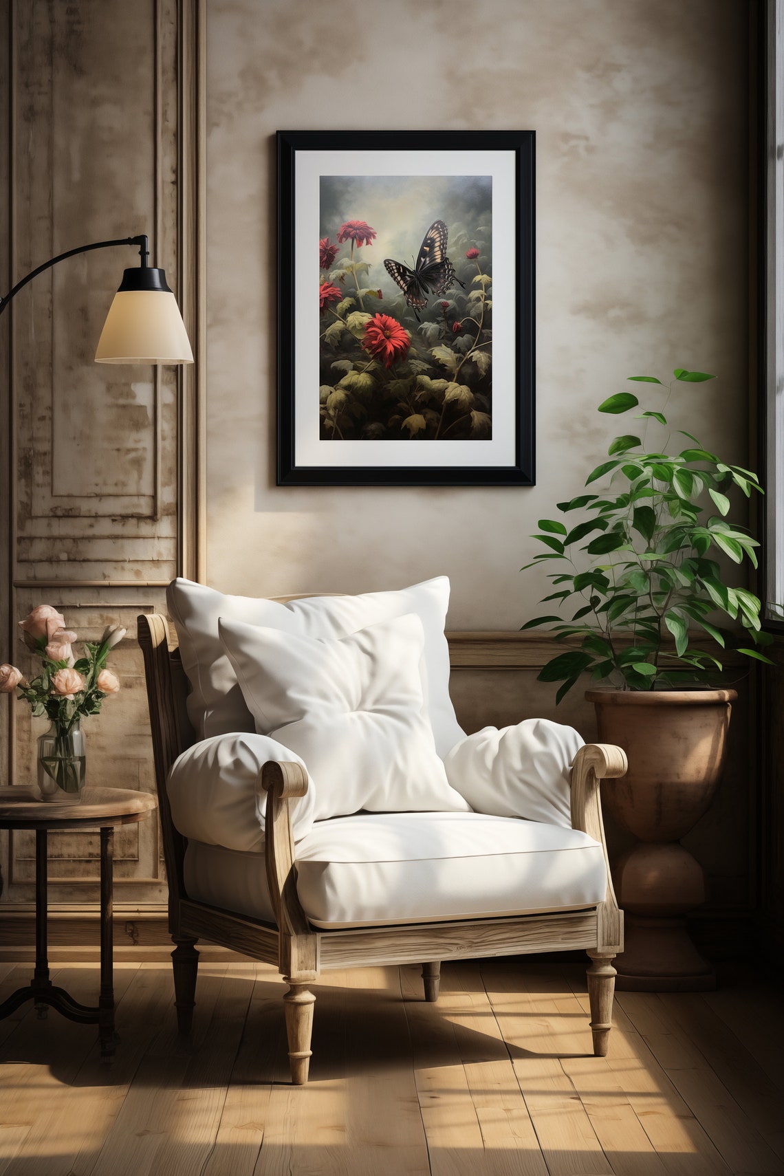 Swallowtail Butterfly Over Red Dahlias Dark Moody Floral Garden Print - Image 3