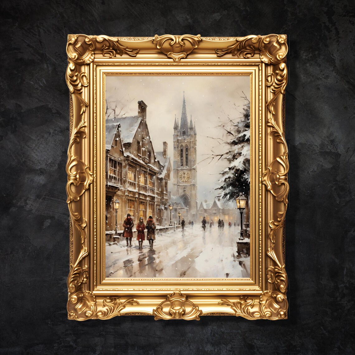 Snowy Winter Village Street Church Clock Tower Holiday Painting Print