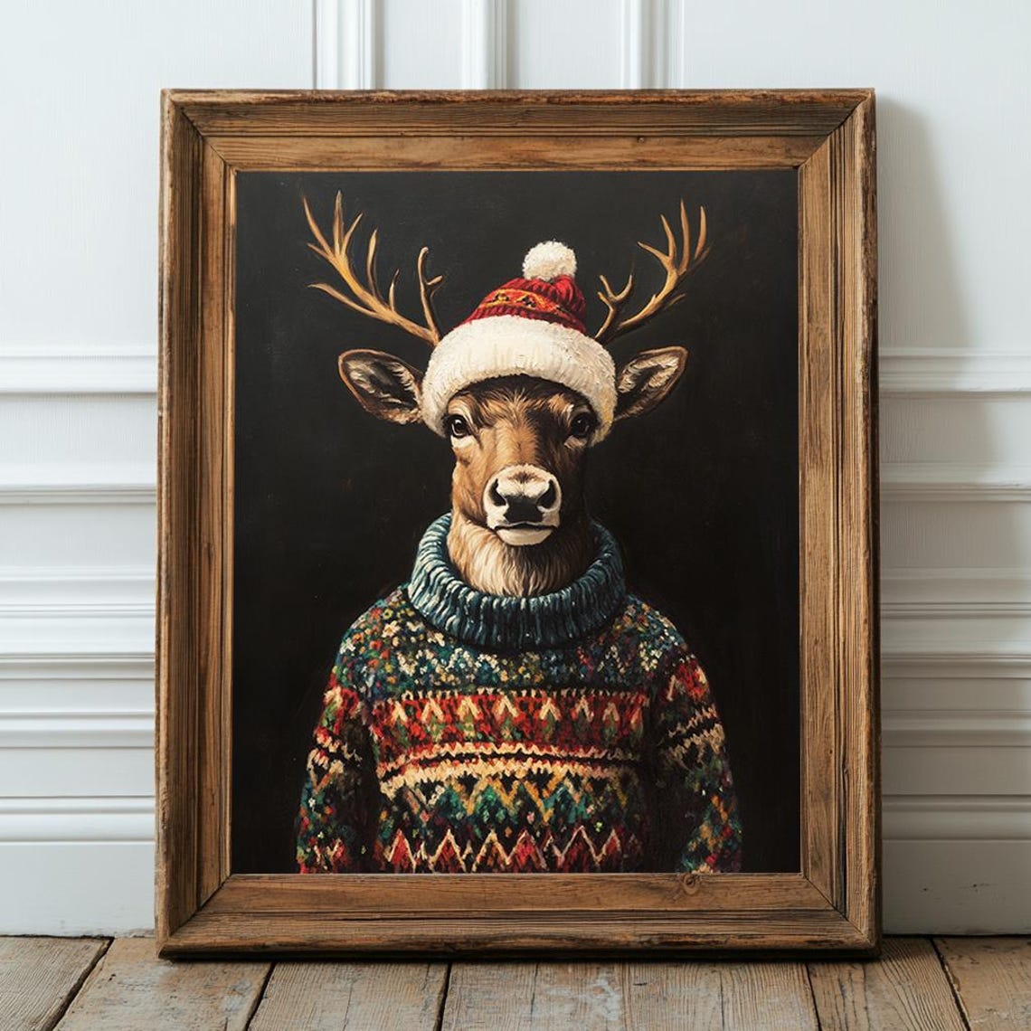 Reindeer In Santa Hat Fair Isle Sweater Cute Christmas Print - Image 2