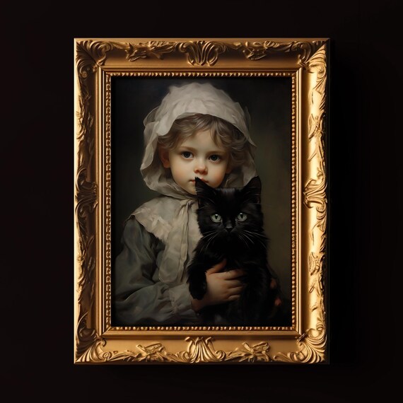 Victorian Girl Holding Black Cat Moody Portrait Gothic Painting Print