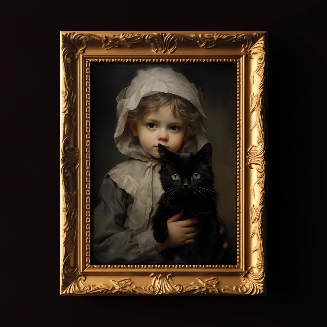 Victorian Girl Holding Black Cat Moody Portrait Gothic Painting Print