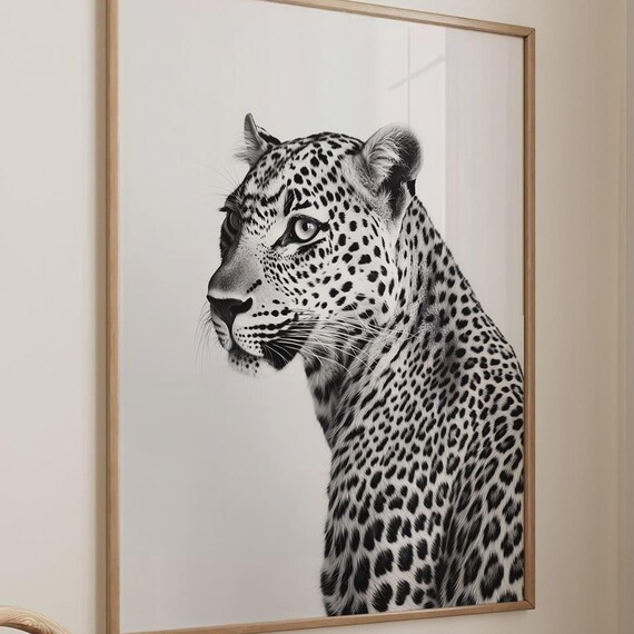Leopard Profile Black and White Photography Portrait Wall Art