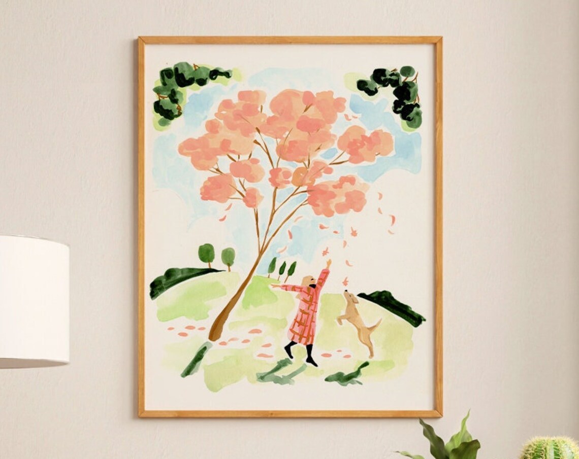 Fall Leaves Art Print, Autumn Girl and Dog - Image 2