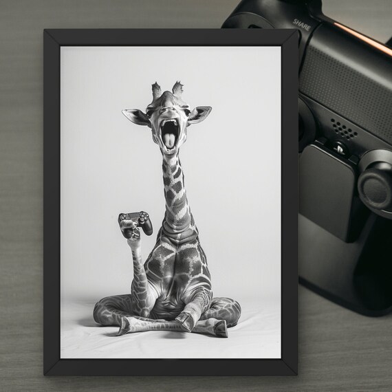 Tall Giraffe Gamer Holding a Game Controller Funny Animal Poster