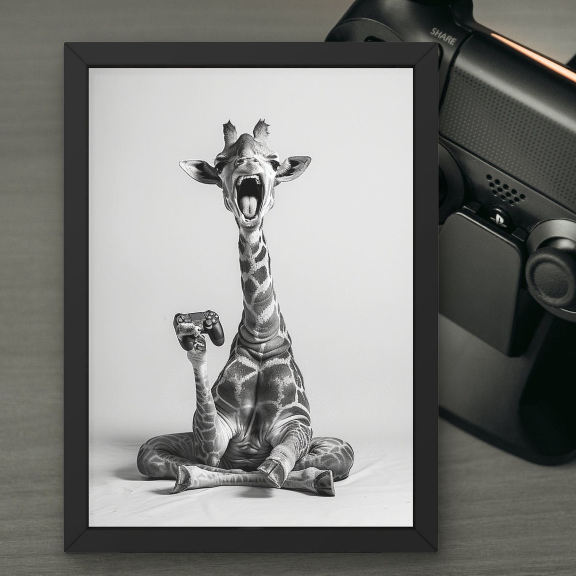 Tall Giraffe Gamer Holding a Game Controller Funny Animal Poster
