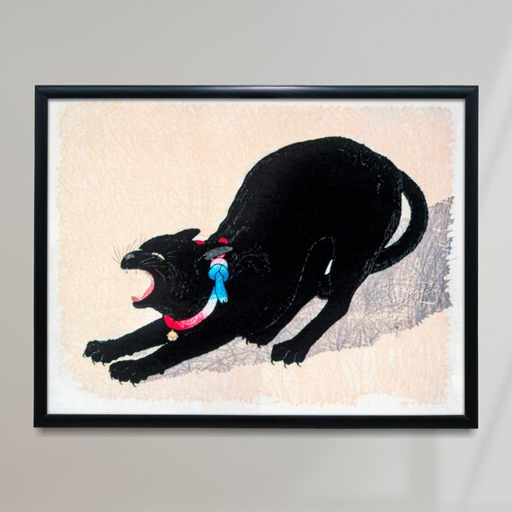 Vintage Japanese Black Cat Hissing Woodblock Style Art Print