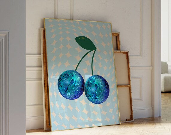 Blue Disco Ball Cherries Polka Dot Background Retro Art Poster