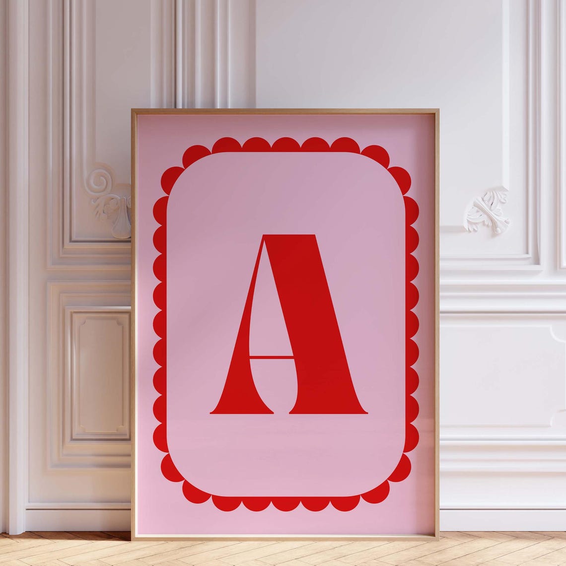 Pink Red Scalloped Letter A Monogram Initial Elegant Alphabet Poster