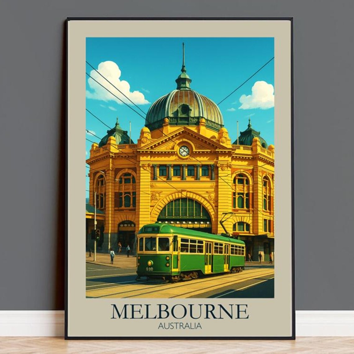 Melbourne Australia Flinders Station Green Tram Vintage Poster