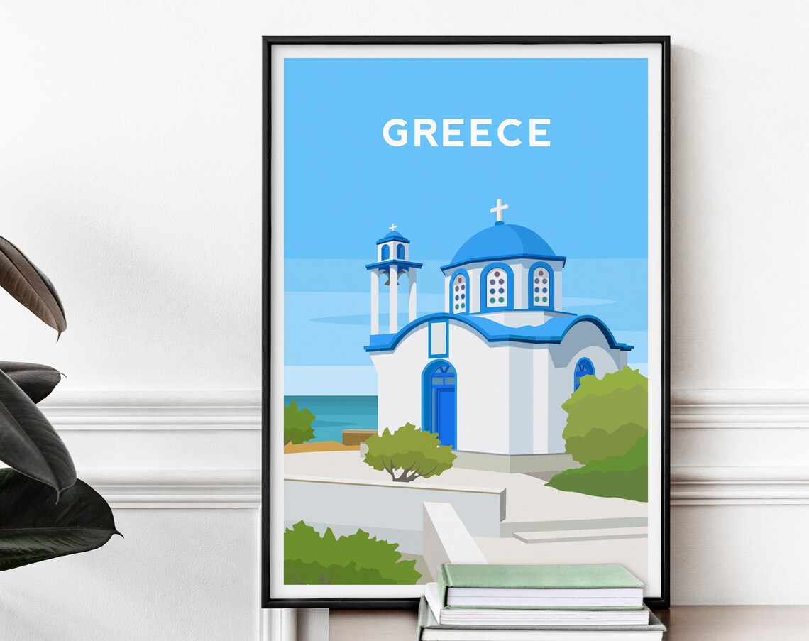 Greece Greek Travel Poster, Ikaria Church Illustration