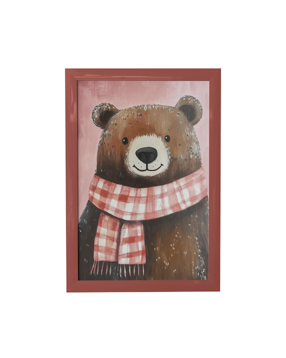 Fluffy Brown Bear With Pink Gingham Scarf Winter Nursery Poster
