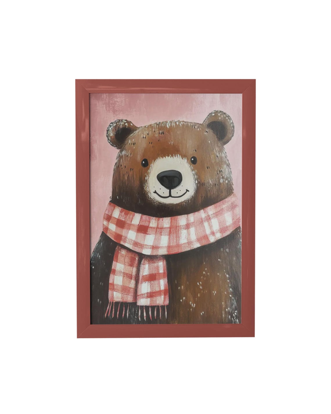 Fluffy Brown Bear With Pink Gingham Scarf Winter Nursery Poster