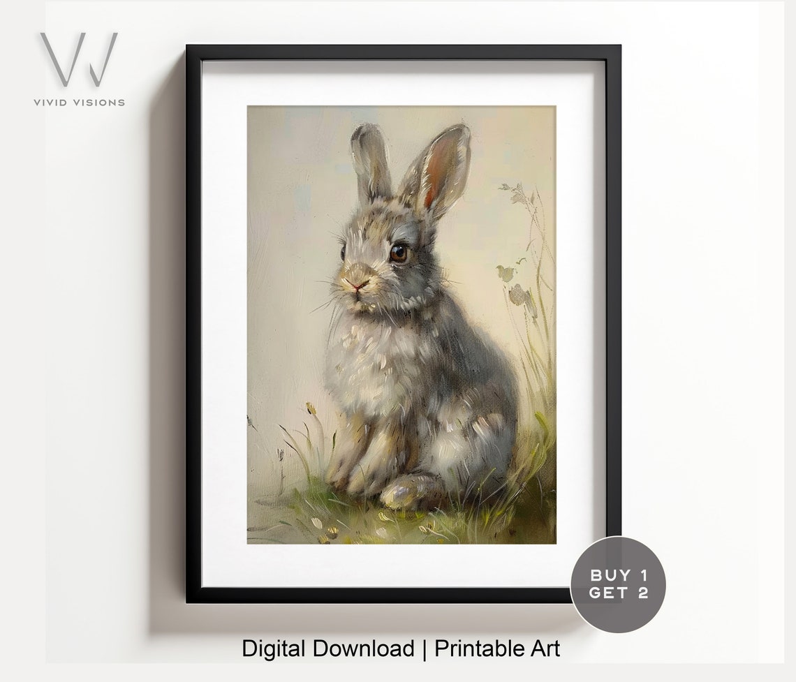 Sweet Young Gray Bunny Sitting Grass Watercolor Soft Cream Poster