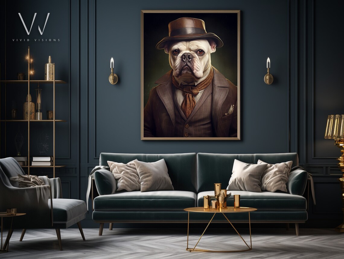 White English Bulldog Fedora Suit Victorian Portrait Art Poster - Image 3