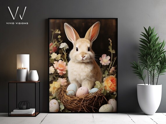 White Bunny Nest Easter Eggs Floral Dark Background Spring Poster