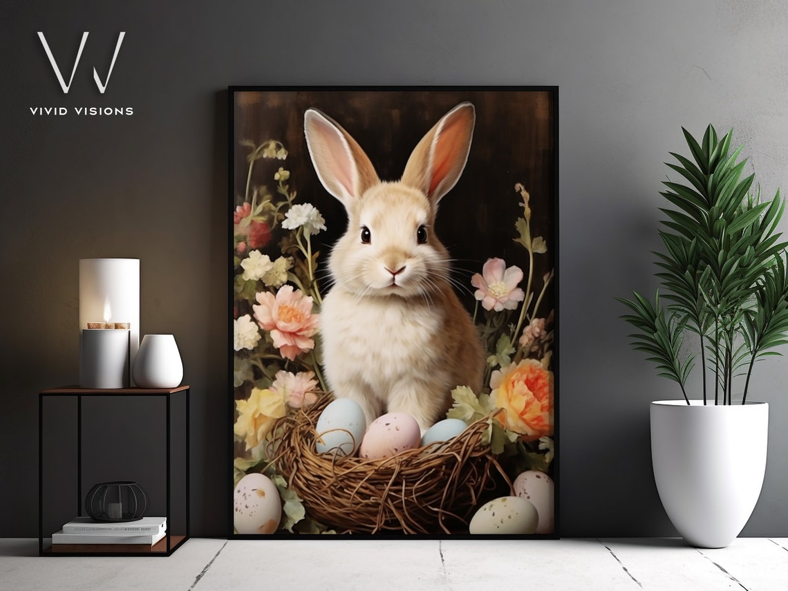 White Bunny Nest Easter Eggs Floral Dark Background Spring Poster