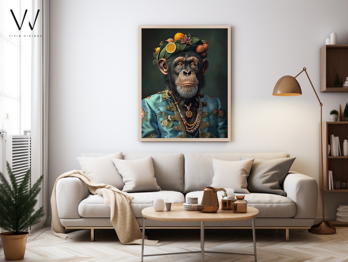 Chimpanzee in Fruit Turban Royal Embroidered Coat Baroque Poster - Image 4